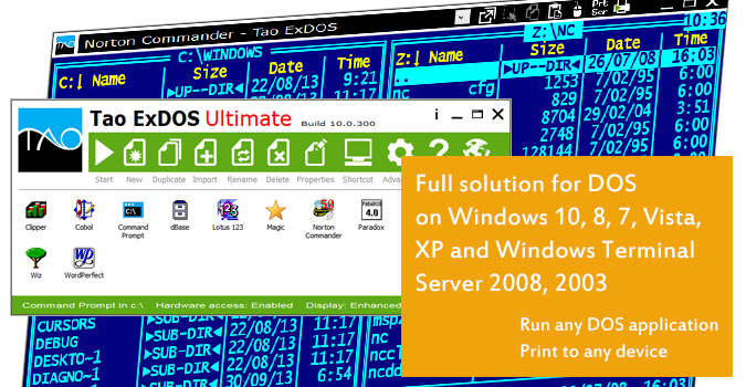 Run any DOS program on Windows 10, 8, 7, Vista, XP and Windows Terminal Server 2008, 2003. Print from DOS to any printer, Word, PDF and Fax