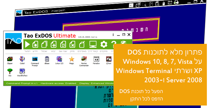 הפעלת כל תוכנת דוס על חלונות 11, 10, 8, 7, ויסטה, XP, ועל שרתי Windows Terminal Server. הדפסה מדוס לכל מדפסת, וורד, PDF ופקס.